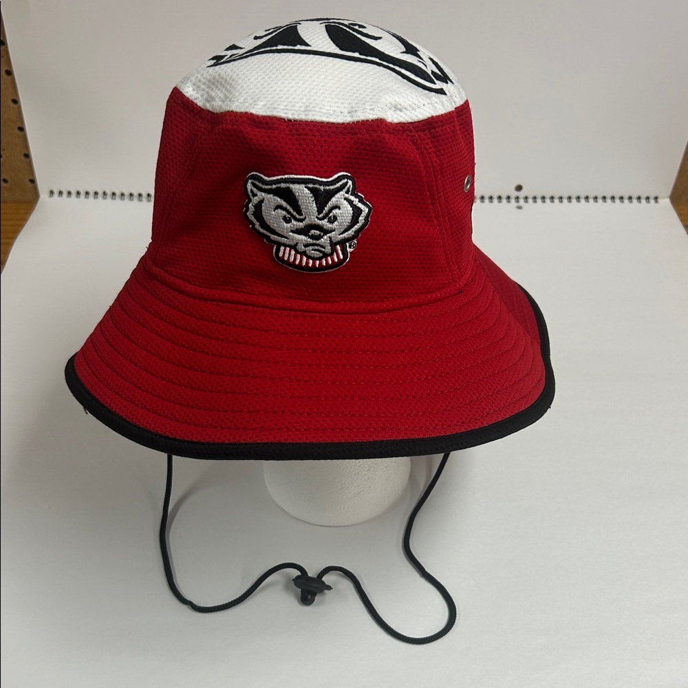 New Era Red Bucket Hat with Mascot Patch Wisconsin Badgers